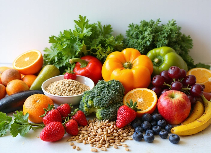 Various healthy foods arranged beautifully: fresh fruits, vegetables, nuts, and whole grains